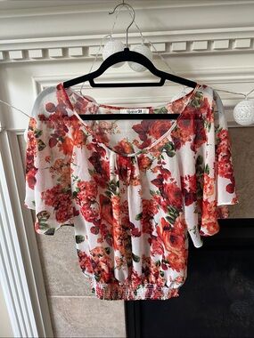 White Floral Short-Sleeve Blouse